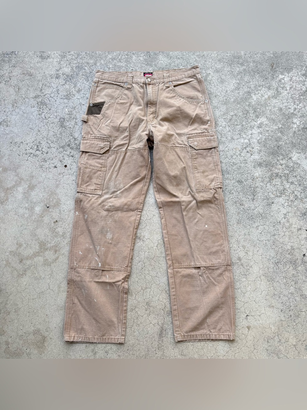 Distressed Wrangler Double Knee Carpenter Workwear Tan Brown Pants 34x32